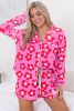 Pink 60s Flower Print Buttoned Shirt and Drawstring Waist Pajama Set