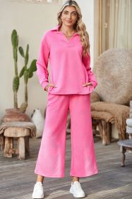 Bonbon Solid Textured Collared V Neck Top and Wide Leg Pants Set (size: (US 20-22)2XL)