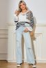 White Striped Lantern Sleeve Hollow Knitted Sweater