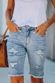 Light Blue Distressed Ripped Denim Bermuda Shorts (size: 10)