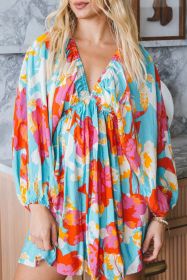Sky Blue Floral Bracelet Sleeve Empire Waist Mini Dress (size: (US 12-14)L)