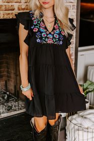 Black Floral Embroidered Frill Neck Ruffle Babydoll Tiered Dress (size: (US 12-14)L)