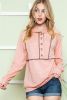 Pink Solid Color Exposed Seam Henley Pullover Hoodie
