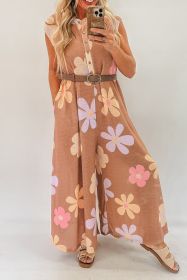 Khaki Floral Print Sleeveless Button up Wide Leg Loose Jumpsuit (size: (US 12-14)L)
