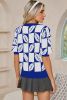 Dark Blue Rugby Plaid Color Block Puff Sleeve Knit Top
