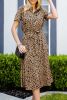 Khaki Leopard Print Waist Belted Button Up Shirt Dress
