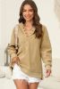 Simply Taupe Solid Ribbed Knit Buttoned Drop Shoulder Oversized Hoodie