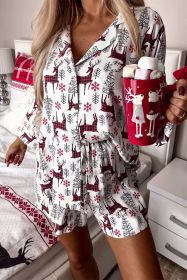 White Christmas Deer Printed Shirt and Shorts Loungewear Set (size: (US 12-14)L)
