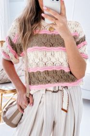 Brown Stripe Color Block Hollow Crochet Sweater (size: 1-2-2-2)