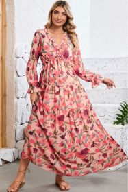 Pastel Red Floral Print Ruffle Trim Plunge Neckline Maxi Dress (size: (US 12-14)L)