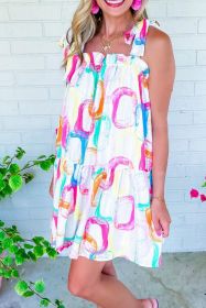 White Abstract Print Knot Straps Frill Mini Dress (size: (US 12-14)L)