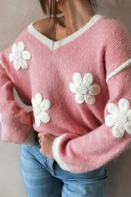 Pink Floral Patched Contrast Trim V Neck Sweater (size: (US 12-14)L)