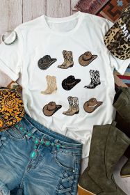 White Cowboys Boots Western Print Round Neck T Shirt (size: (US 20-22)2XL)