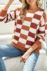 Orange Checkered Crew Neck Drop Shoulder Knit Sweater