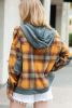 Orange Plaid Patchwork Frayed Trim Snap Button Hooded Jacket