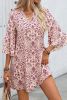 Pink Paisley Print Tiered 3/4 Sleeve Notched Neck Short Dress